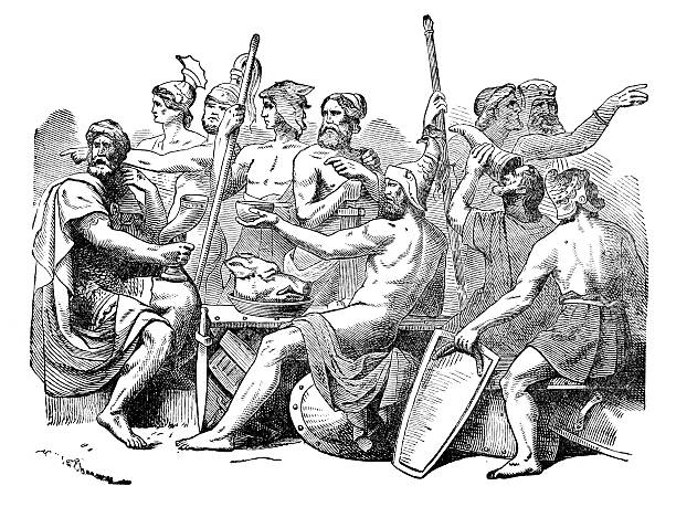 norse mitologia-loki's jakichkolwiek - viking barbarian banquet mythology stock illustrations