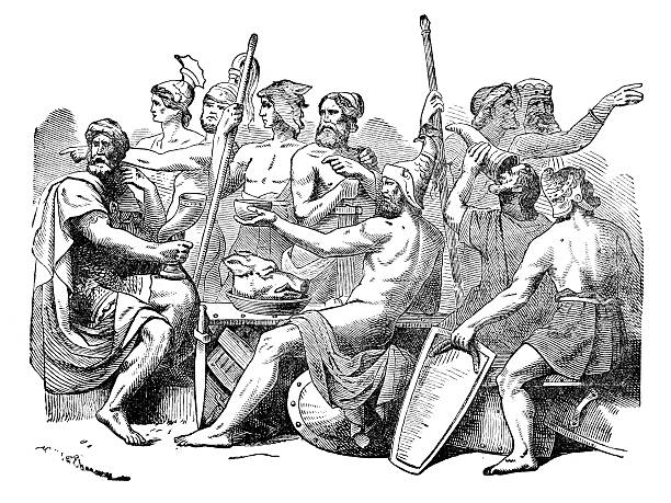 norse мифология-loki's осуждение - viking barbarian banquet mythology stock illustrations