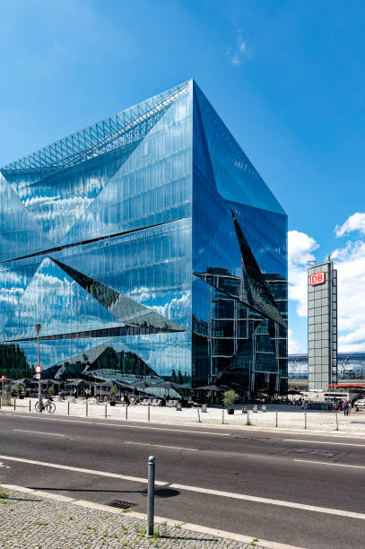 Berlin, Germany - July 29, 2021: Glass facade of the Cube Berlin which, slightly distorted like a kaleidoscope, reflects the surrounding in front of the Berlin Hauptbahnhof.