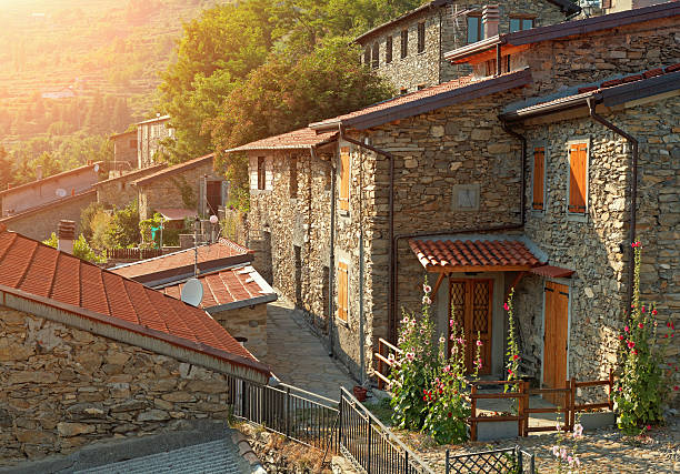 Street view of traditional stone buildings, Monte Bre, Ticino