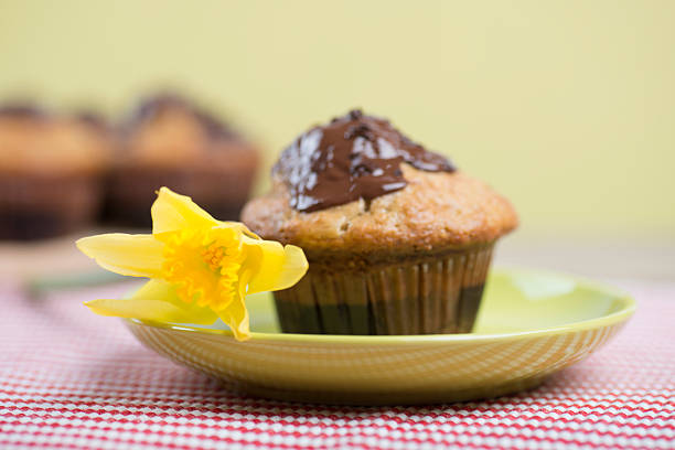 White plate on the table with cupcakes ornate with sweet roses; cookies on the background