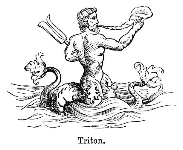 Triton "Vintage engraving from 1867 of Triton, a mythological Greek god, the messenger of the big sea. He is the son of Poseidon and Amphitrite, god and goddess of the sea respectively, and is herald for his father. He is usually represented as a merman, having the upper body of a human and the tail of a fish" triton greek god stock illustrations