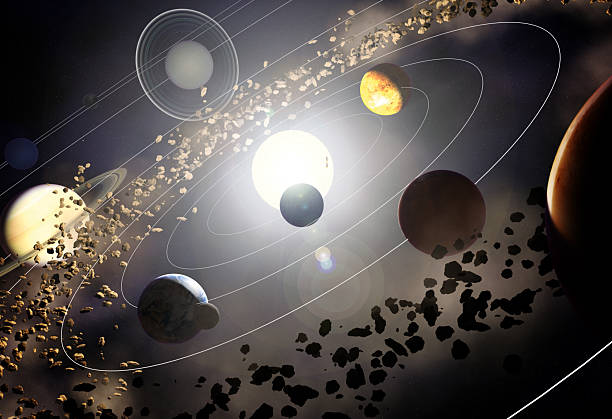 The Solar System (with orbit rings) "Tight framing of the solar system complete with asteroid belt (planets not to scale!). Original texture maps courtesy Nasa (and custom ones). Please see my portfolio for other space, science and CGI images and sequences!" asteroid belt photos stock pictures, royalty-free photos & images