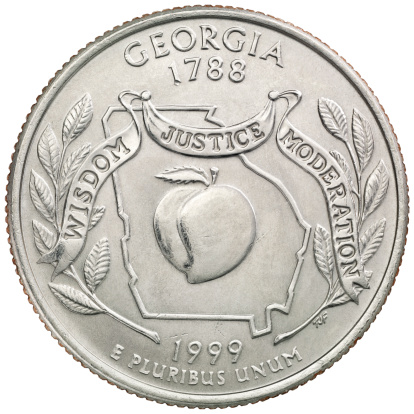 Reverse of the George Washington's commemorative quarter coin depicting the state of Georgia