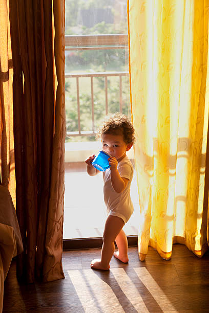 Toddler Greets the Brand New Day A 14 month old child looks out a widow in the early morning sunlight greeting the brand new day. 2000 photos stock pictures, royalty-free photos & images