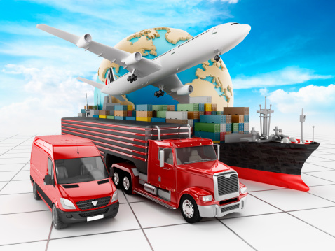 Globe, airplane, truck, cargo ship and van. Global air, sea and road transportation concept. Map traced with vector design software using the reference image in: http://www.lib.utexas.edu/maps/world_maps/txu-oclc-264266980-world_pol_2008-2.jpg