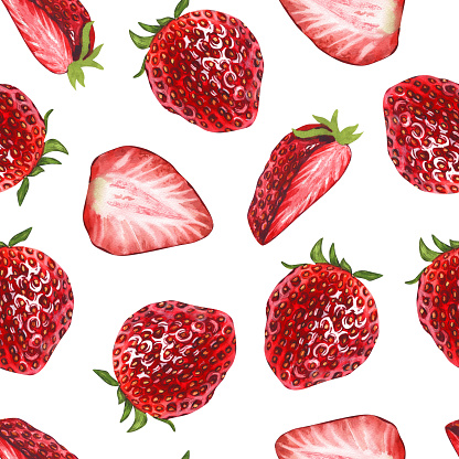 Watercolor seamless pattern red berry strawberry. Hand-drawn illustration isolated on white background.Perfect food menu, food drawing, design packing, textiles, fabrics print or poster, banner, card