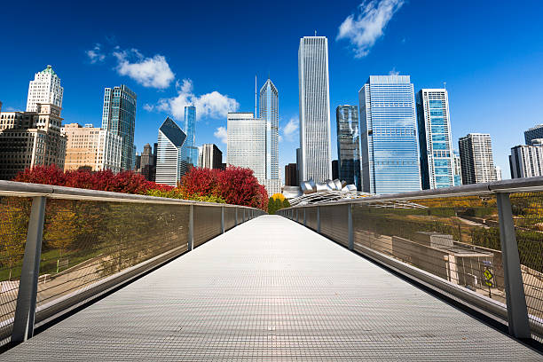 Chicago, USA - March 28, 2022: View of DuSable Bridge and Downtown Chicago.  The DuSable Bridge is a bascule bridge that carries Michigan Avenue across the main stem of the Chicago River in Chicago.