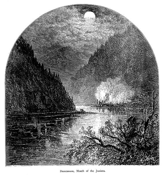 Mouth of the Juniata River, Pennsylvania "The mouth of the Juniata River, a tributary of the Susquehanna River in Pennsylvania, USA. Published in Picturesque America or the Land We Live In (D. Appleton & Co., New York, 1872)." paradise pennsylvania stock illustrations