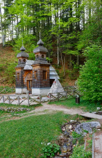 The wooden Russian Chapel, built by war prisoners in World War I, near Kranjska Gora, Slovenia