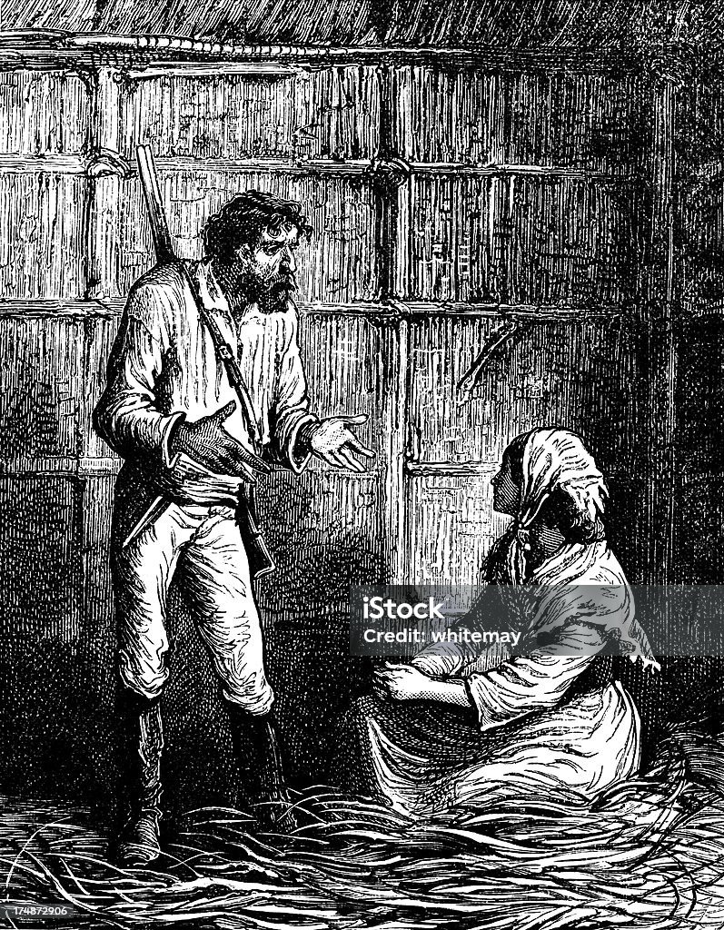 Homme et femme parlant dans une grange - Illustration de 1850-1859 libre de droits