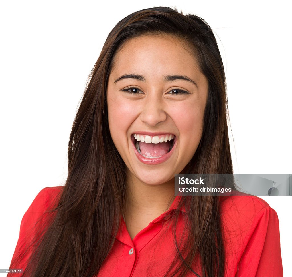 Ecstatic Laughing Teenage Girl Portrait of a teenage girl isolated on a white background. Adolescence Stock Photo