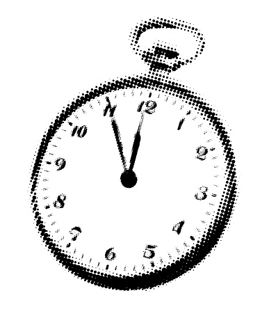 Vintage pocket clock halftone collage element. Five minutes to twelve, countdown, deadline concept, New year eve. Cutout magazine shape, modern retro grunge vector illustration