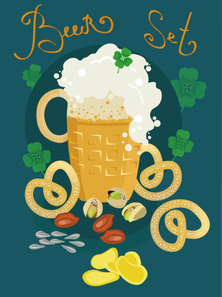 glas kaltes, schaumiges bier mit snack-illustration - pistachio beer nuts nut backgrounds stock-grafiken, -clipart, -cartoons und -symbole