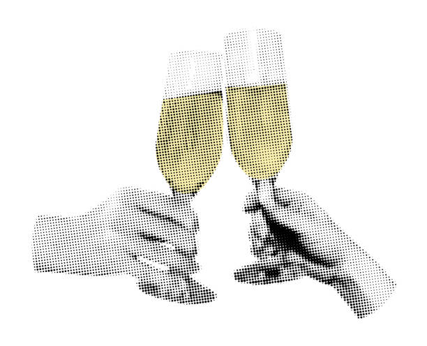 Hands holding champagne glasses halftone collage vector illustration Hands holding champagne glasses halftone art collage. Toast, cheers Cutout magazine shapes, modern retro, grunge punk New year design. Vector illustration isolated on transparent background celebratory-toast stock illustrations