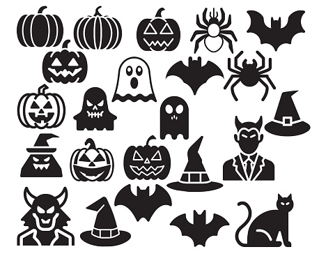 Vector set of Halloween icons. Ghost, witch, pumpkin, bat, spider, hat, cat, devil. Spooky season.