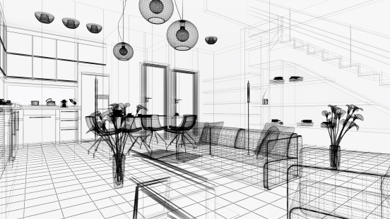 Wireframe 3d Modern Interior Blueprint Render Image Architecture ...