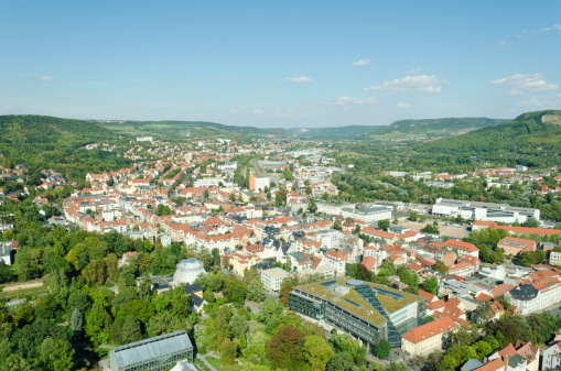 Areal view over Jena - Thuringia, Germany. View from the Intershop Tower in the middle of the city, 133m high. View to Zwatzen, part of the city. 