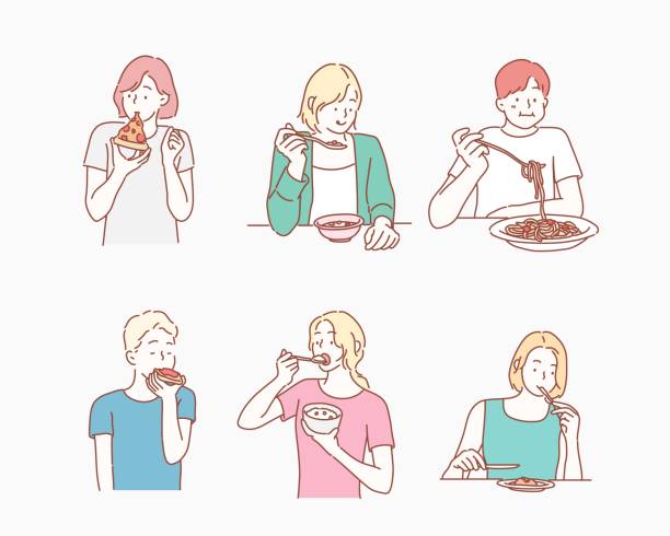 People eating different meals. People eating different meals. Hand drawn style vector design illustrations. korean food stock illustrations