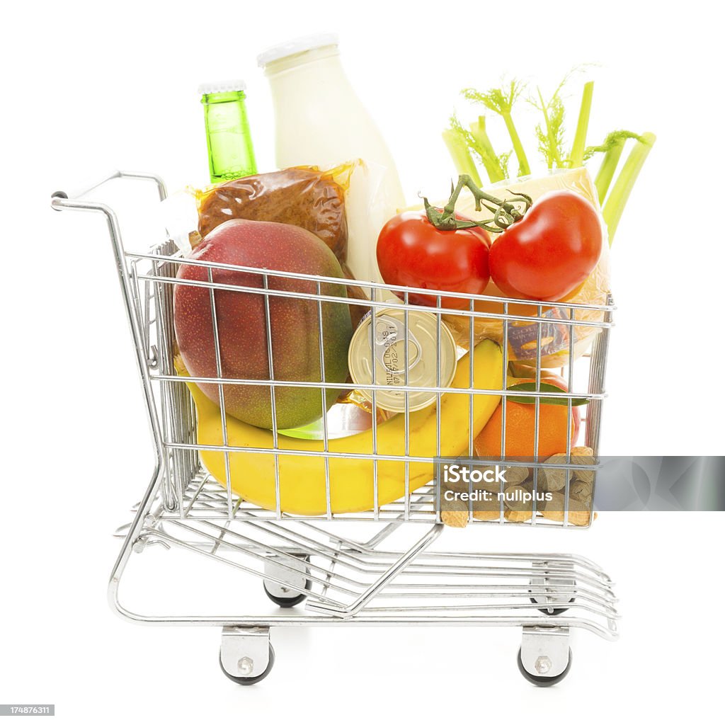 shopping cart with groceries, side view Banana Stock Photo