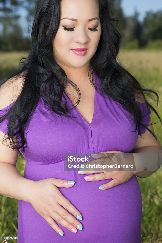 Asiático grávida em pé na grama do campo - Royalty-free 20-24 Anos Foto de stock
