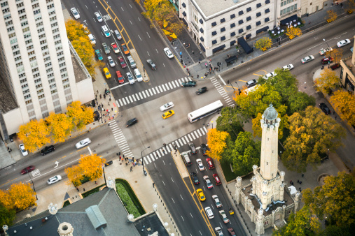 City aerial view of Michigan Avenue and the Magnificent Mile in Chicago Illinois USA