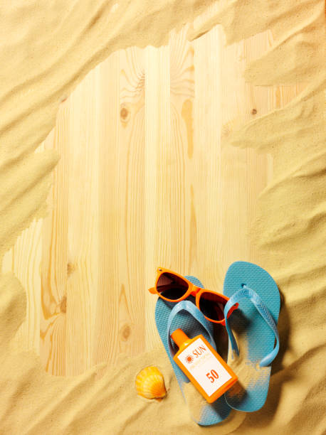 istock Sunglasses with Flip Flops and Sun Cream on Sand 174876537