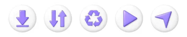 Vector illustration of Purple arrows icons set on white round buttons. 3D vector illustration.