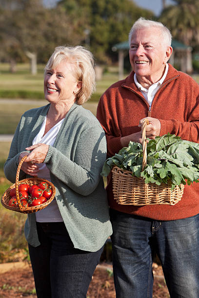 istock Senior couple with vegetables harvested from garden 174876699
