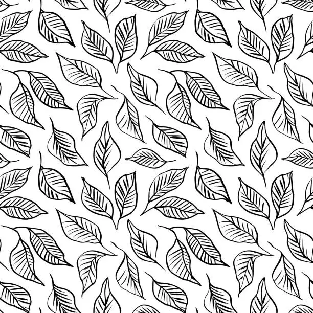 Vector illustration of Linear leaves with veins seamless pattern.