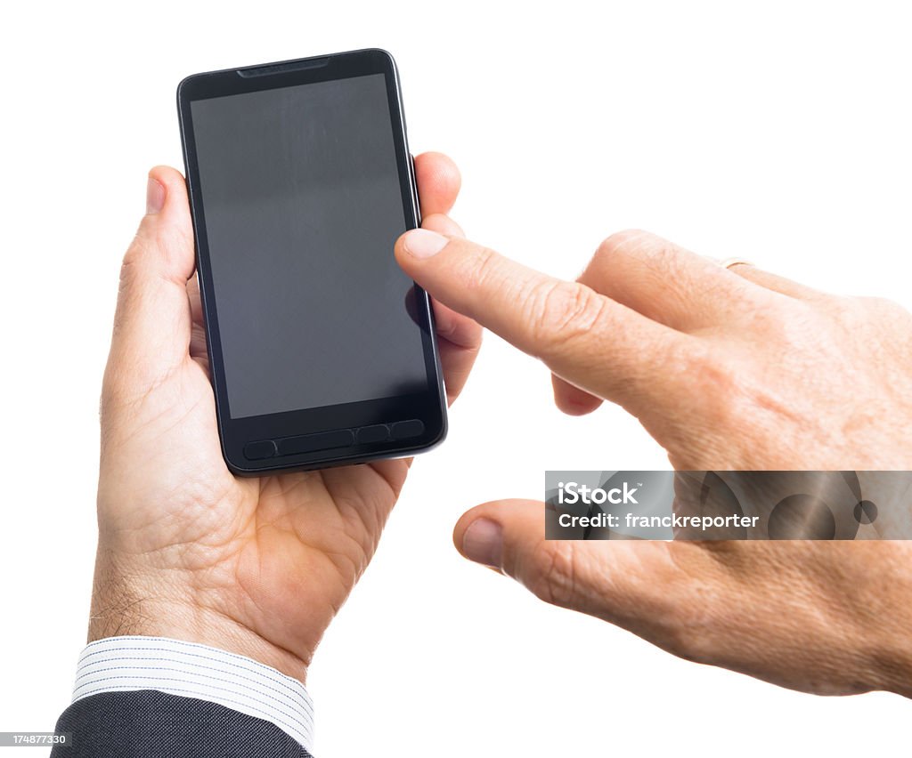 Mão segurando o smartphone em fundo branco - Foto de stock de Letra I royalty-free