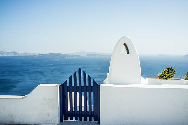 view of ocean from balcony, greece, santorini island, oia - santorini door sea gate bildbanksfoton och bilder