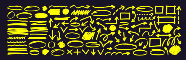 노란색 마커 화살표, 형광펜, 밑줄, 손으로 그린 다이어그램에 대한 다양한 프레임 및 기호. - 7591 stock illustrations