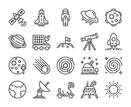 Space icons. Space exploration line icon set. Editable Stroke.