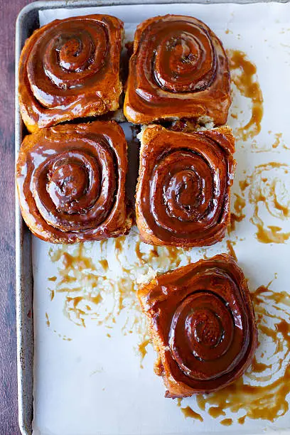 Freshly-baked sticky buns on a baking sheet.View more of my