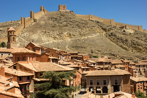 View of Albarracin town in Teruel with medieval mountain on the background on sunny day