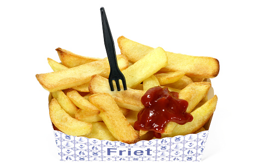 Dutch fries in cardboard container isolated on white background