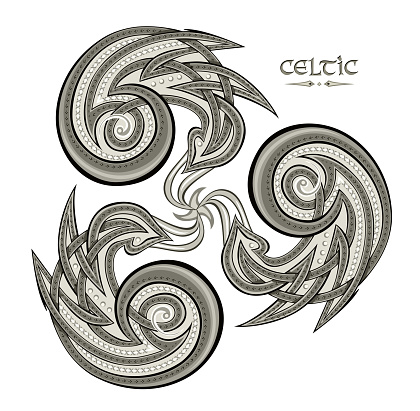 Ethnic symbol of triple spiral. Fantasy ornament of ancient Nordic sign. Round disk with Celtic knots. Print for logo, icon, fabric, tattoo, embroidery, decoration. Folk geometric circle ornament.