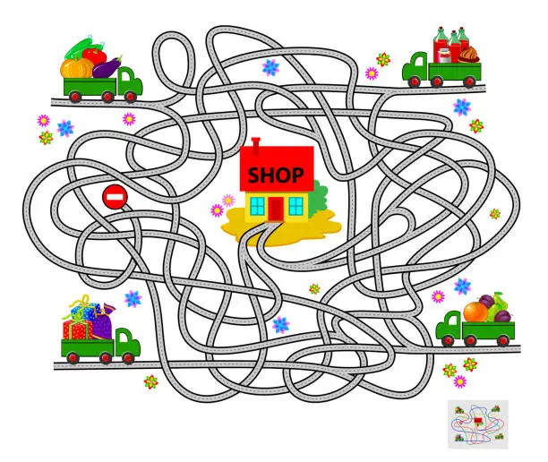 Vector illustration of Logic puzzle game with labyrinth for children and adults. Help all lorries deliver food to the shop. Find the way. Worksheet for kids brain teaser book. IQ test. Play online. Vector illustration.