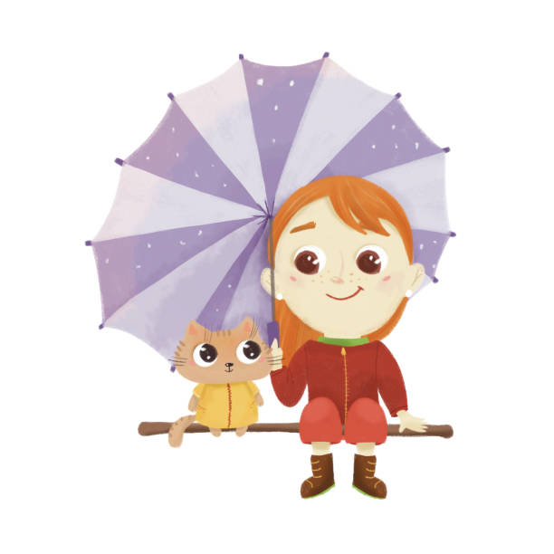 милая девушка и кошка сидят под зонтиком - scarf blowing women autumn stock illustrations