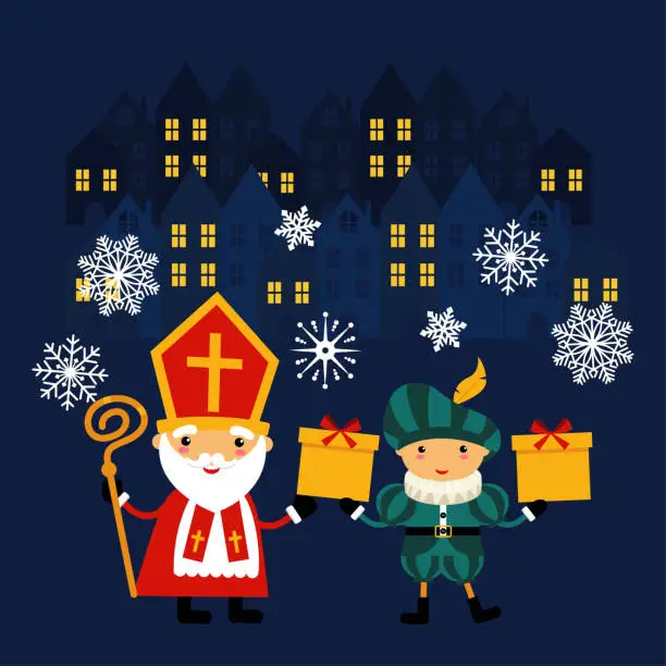 Vector illustration of Saint Nicholas and Zwarte Piet celebrate Dutch holidays at winter night