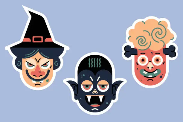 Vector illustration of Halloween stickers with Witch, Dracula and Zombie