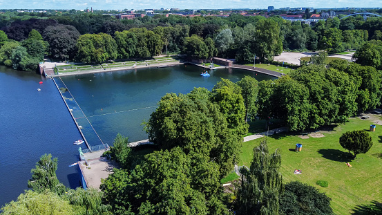 Awe drone point of view on rose gartden of  Botanical garden Planten un Blomen`