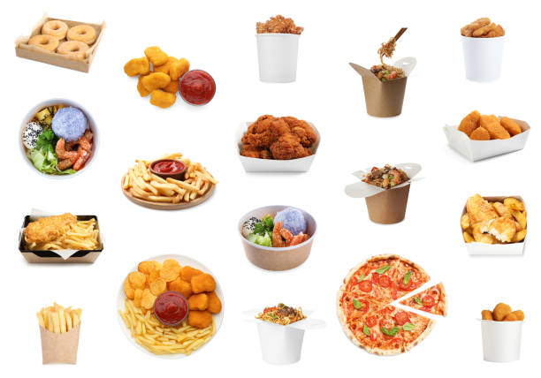 istock Collage with different delicious fast food on white background 1748926957