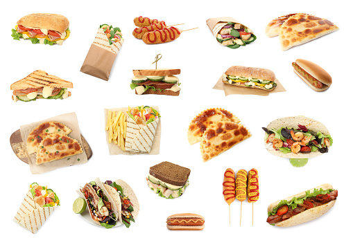 Collage with different delicious fast food on white background