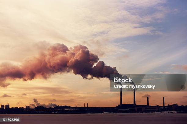 Power Plant Silhouette Stock Photo - Download Image Now - Greenhouse Gas, Pollution, Fumes