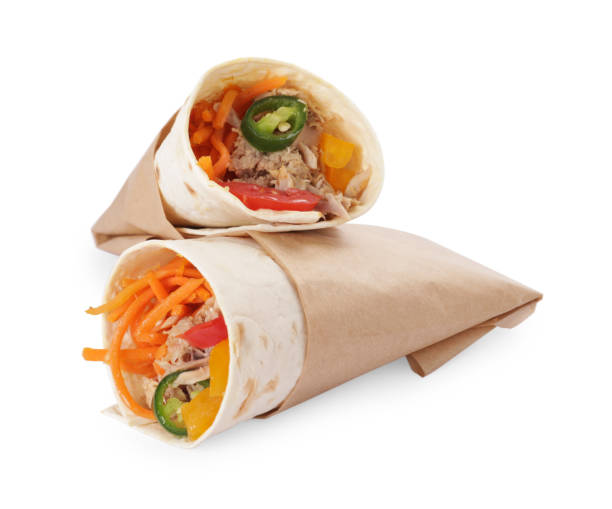 istock Delicious tortilla wraps with tuna isolated on white 1748937104