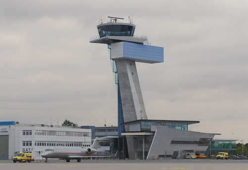 Nuremberg, Germany - August 10th: The tower of the Nuremberg airport.