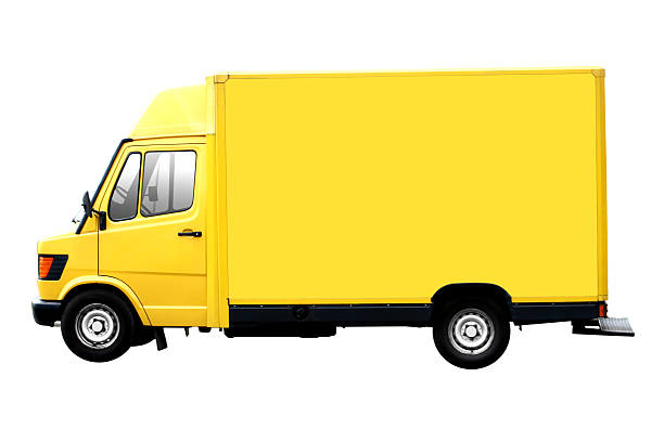 camion jaune isolé - truck delivery van isolated freight transportation photos et images de collection