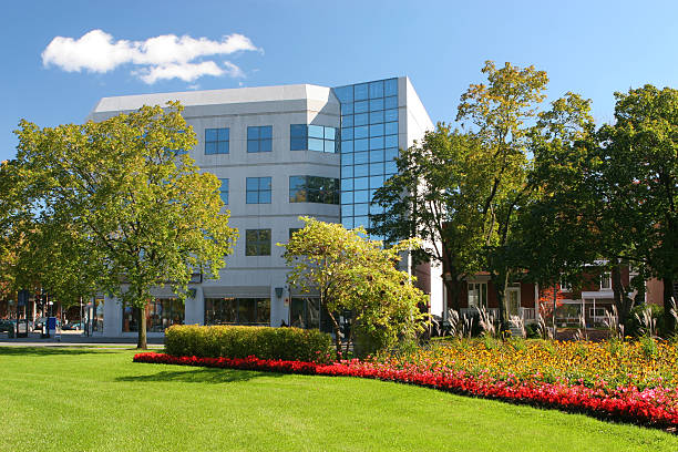 colorido parque em um distrito comercial - buzbuzzer office building - fotografias e filmes do acervo